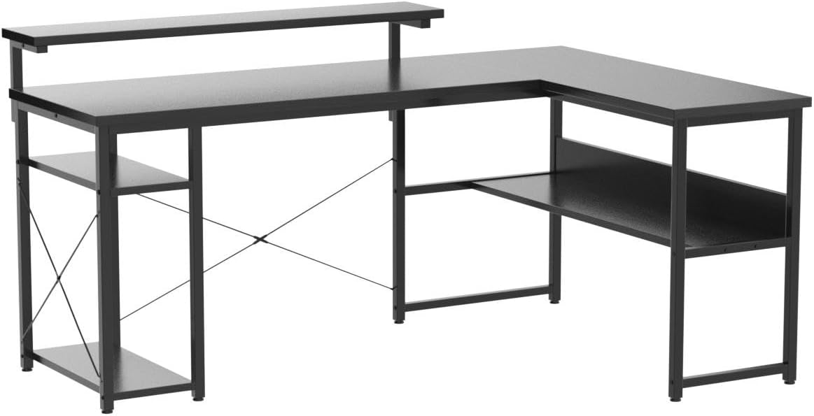 ODK 61" Reversible L Shaped Computer Desk, Modern Black Corner Desk with Storage Shelves & Monitor Stand, Home Office, Gaming, Writing Desk