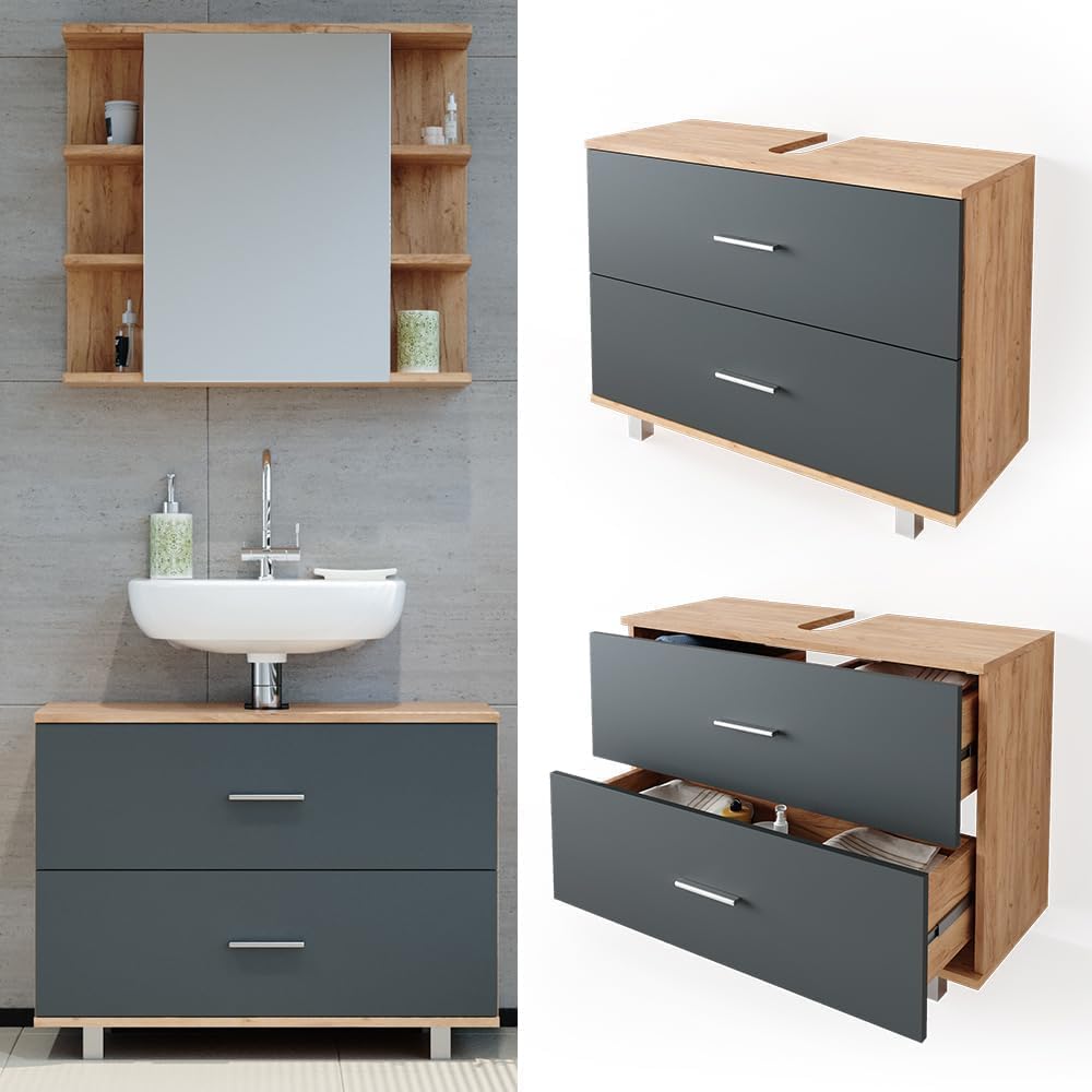 FurniFlex Ilias Vanity Unit Cabinet, 80 cm x 60.8 cm Size, Oak/Anthracite