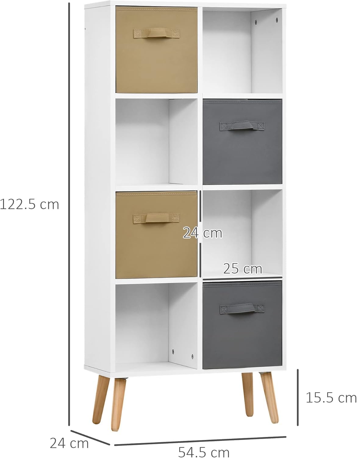 FurniFlex Free-Standing 8 Cube Storage Cabinet with 4 Fabric Drawers, 54.5 cm Length x 24 cm Width x 122.5 cm Height