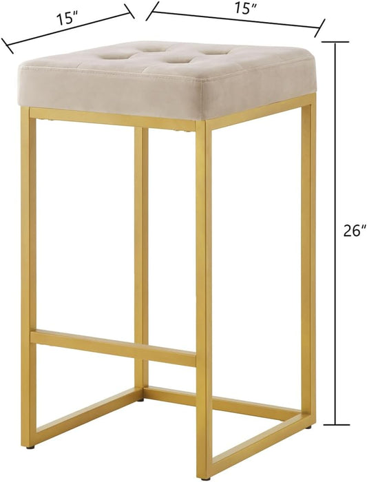 24KF Contemporary Counter Height Bar Stool Set of 2 for Kitchen Island, 26" H Velvet Padded Gold Barstool Bar Chair 5066-Taupe