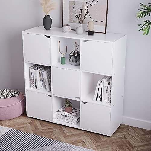 Panana 9 Cube Wooden Storage Unit Modern Stylish Bookcase Shelving 9 Cubes with 5 Doors Bookshelves Cubes Shelf/Shelves Books CDs & DVDs Office Home Storage (White)