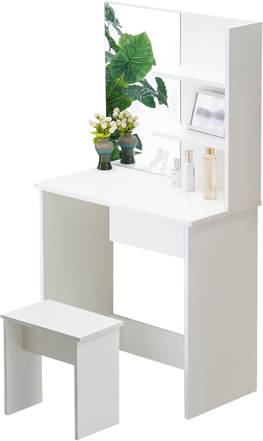 OFCASA Dressing Table with Mirror and Stool, Drawer, 2 Shelves (White, 75 x 40 x 137cm, Small)