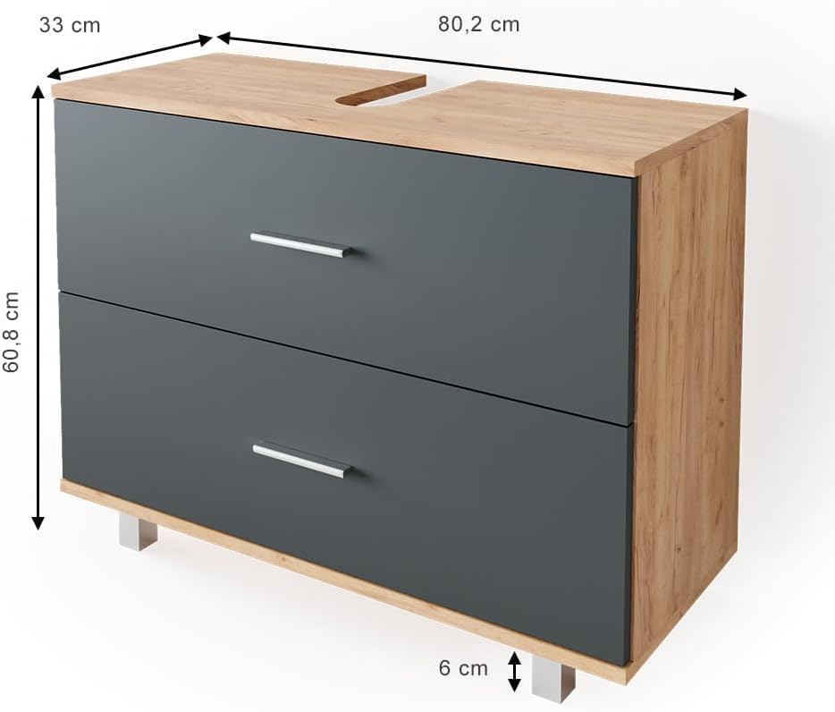 FurniFlex Ilias Vanity Unit Cabinet, 80 cm x 60.8 cm Size, Oak/Anthracite