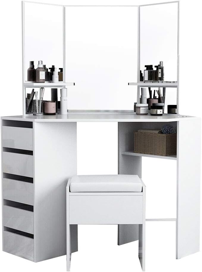 Panana Corner Dressing Table Makeup Desk Bedroom Dresser Table Furniture With Mirror Makeup Stool Set (White)