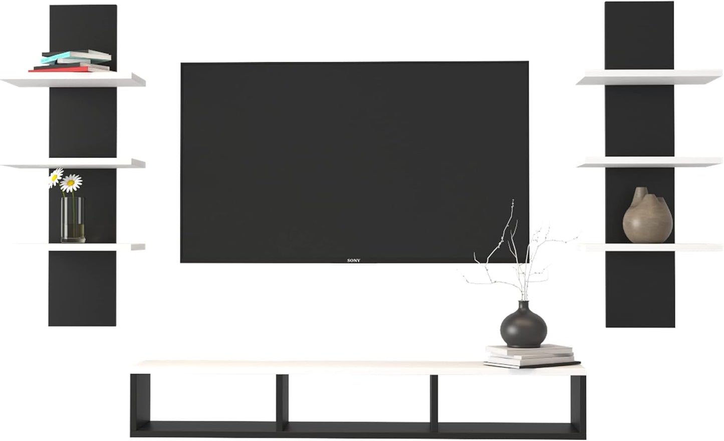 Furinno MDF Wood Wall Mounted TV Entertainment Unit Set Top Box Stand for Living Room Bedroom Hall Home Office Hotel Multipurpose Storage Display Rack Wall Shelf Wooden Furniture (White & Black)