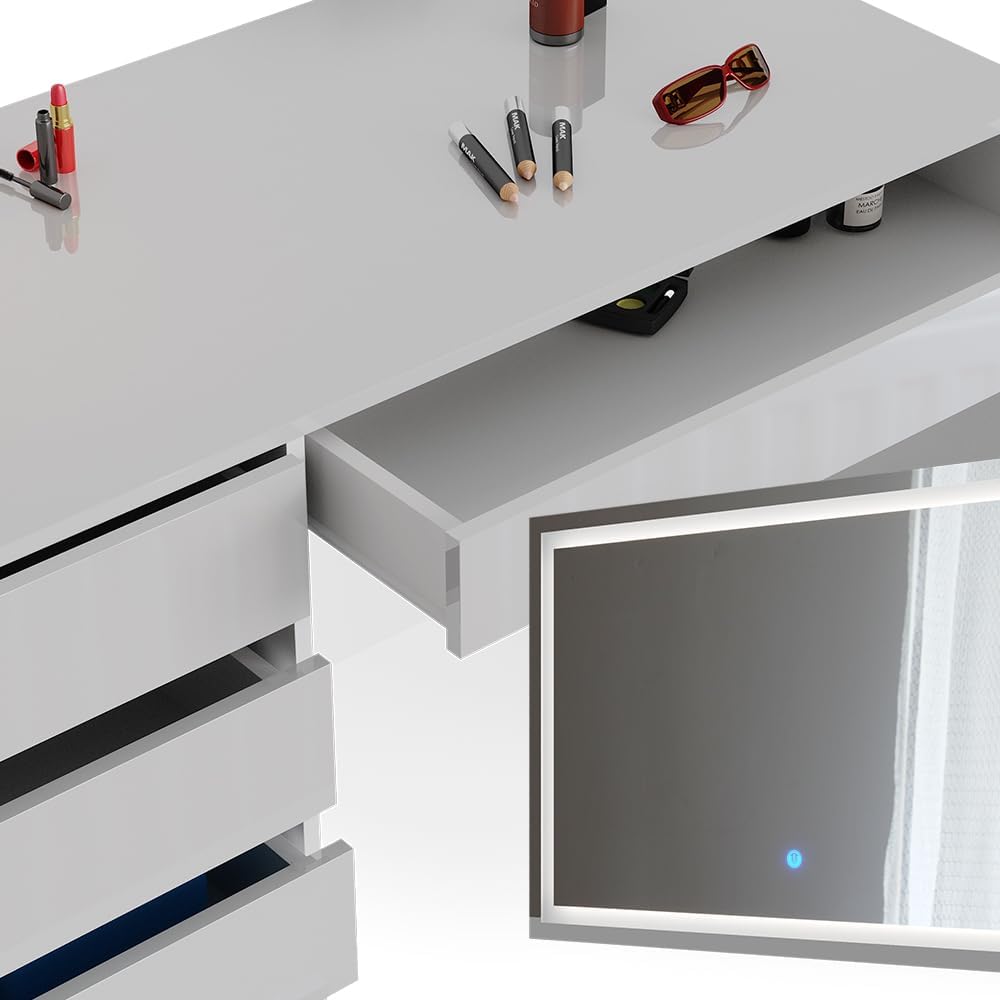 Vicco dressing table with light "Sherry", White High gloss, 120 cm with LED lighting