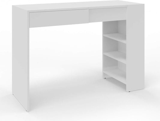 MATKAM Opera Maxi Schminktisch H 78 x B 114 x T 40 cm, mit ausklappbarem Spiegel H 21 x B 34 cm mit Ablage, 3 seitliche Ablagefächer, 1 Schublade, aus laminierter Holzspanplatte (Weiß)