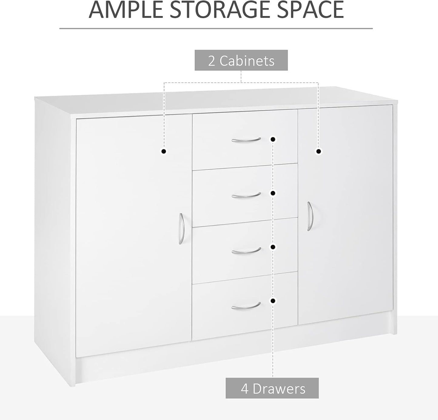 HOMCOM Sideboard, Storage Cabinet with 2 Doors and 4 Drawers, Free Standing Cupboard, Chest Organizer for Kitchen and Living Room, White