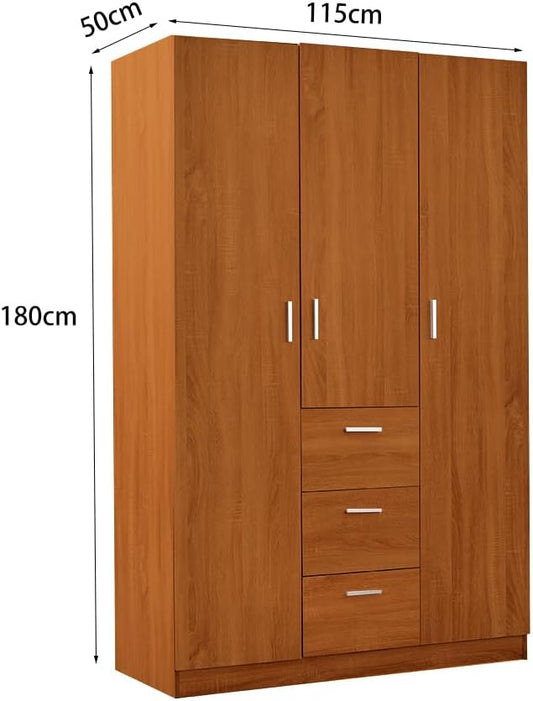 3 Door 3 Drawer Wardrobe, Modern Solid Pine Wood Wardrobe with Hanging Rail Living Bedroom Furniture (Oak)