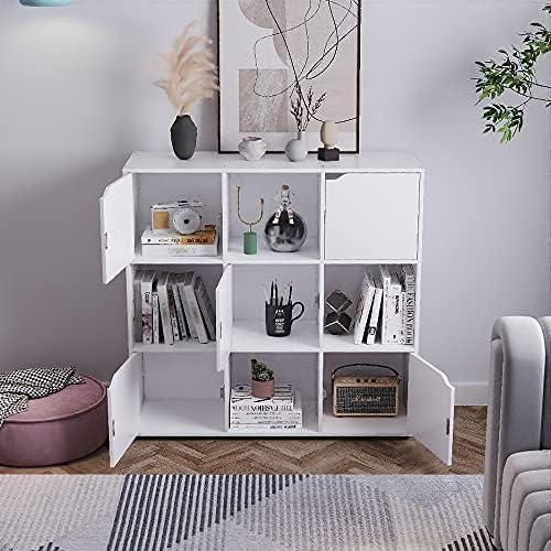 Panana 9 Cube Wooden Storage Unit Modern Stylish Bookcase Shelving 9 Cubes with 5 Doors Bookshelves Cubes Shelf/Shelves Books CDs & DVDs Office Home Storage (White)