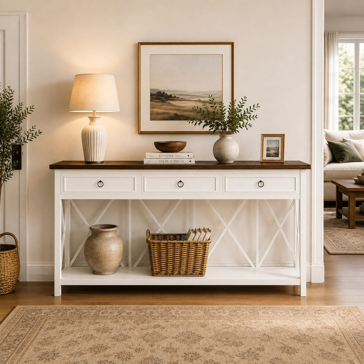 Modern White Console Table with 3 Drawers