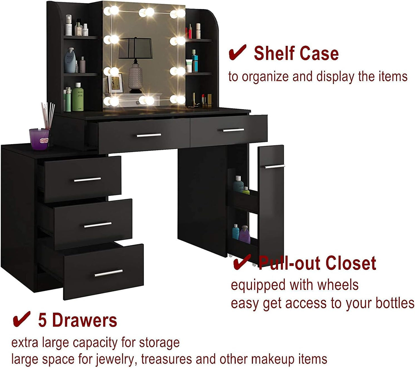 Dressing Table Set Makeup Table Set with LED Lights, Mirror, 5 Drawers Vanity Makeup Table Set with Cushioned Stool Vanity Table for Girls Bedroom (Black)
