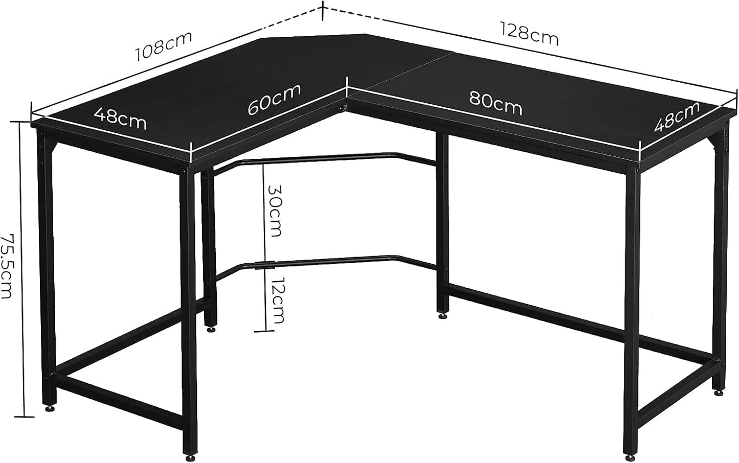 Aingoo Corner Desk L Shaped Desk Sturdy Home Office PC Laptop Workstation Gaming Computer Desk Study Writing Table 128 * 108 * 75CM Easy to Assemble Simple Design, Black