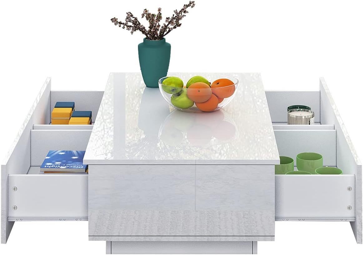 AWOOD Coffee Table for Living Room, Modern Side Table Wooden Centre Table, White High Gloss Coffee Tea Tables with 4 Drawers Storage for Home Office Furniture