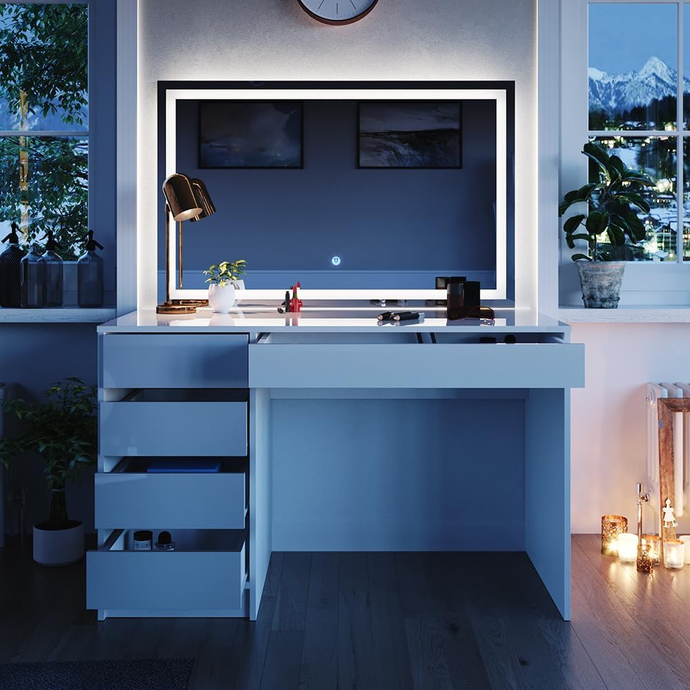 Vicco dressing table with light "Sherry", White High gloss, 120 cm with LED lighting