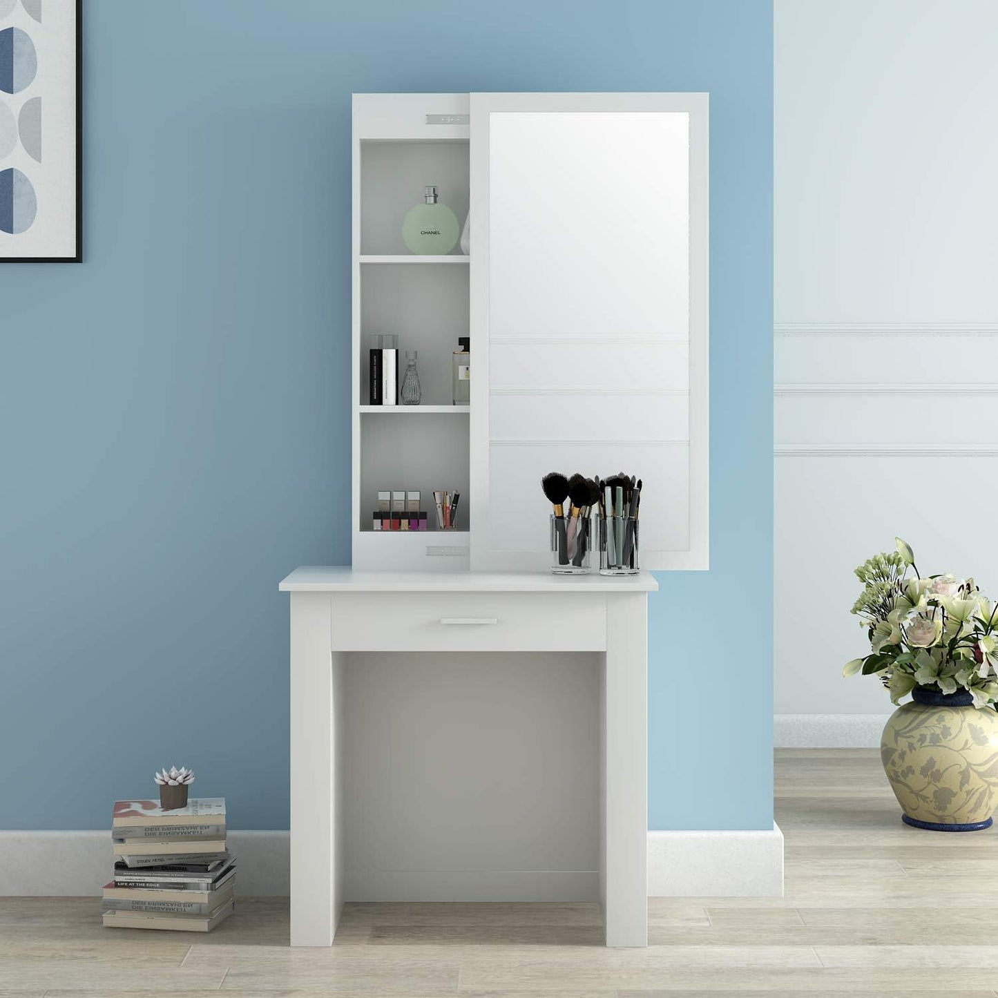 Panana Modern Girls Bedroom Dressing Table Sliding Mirrored Door with 1 Drawer Makeup Desk Vanity Table (White)