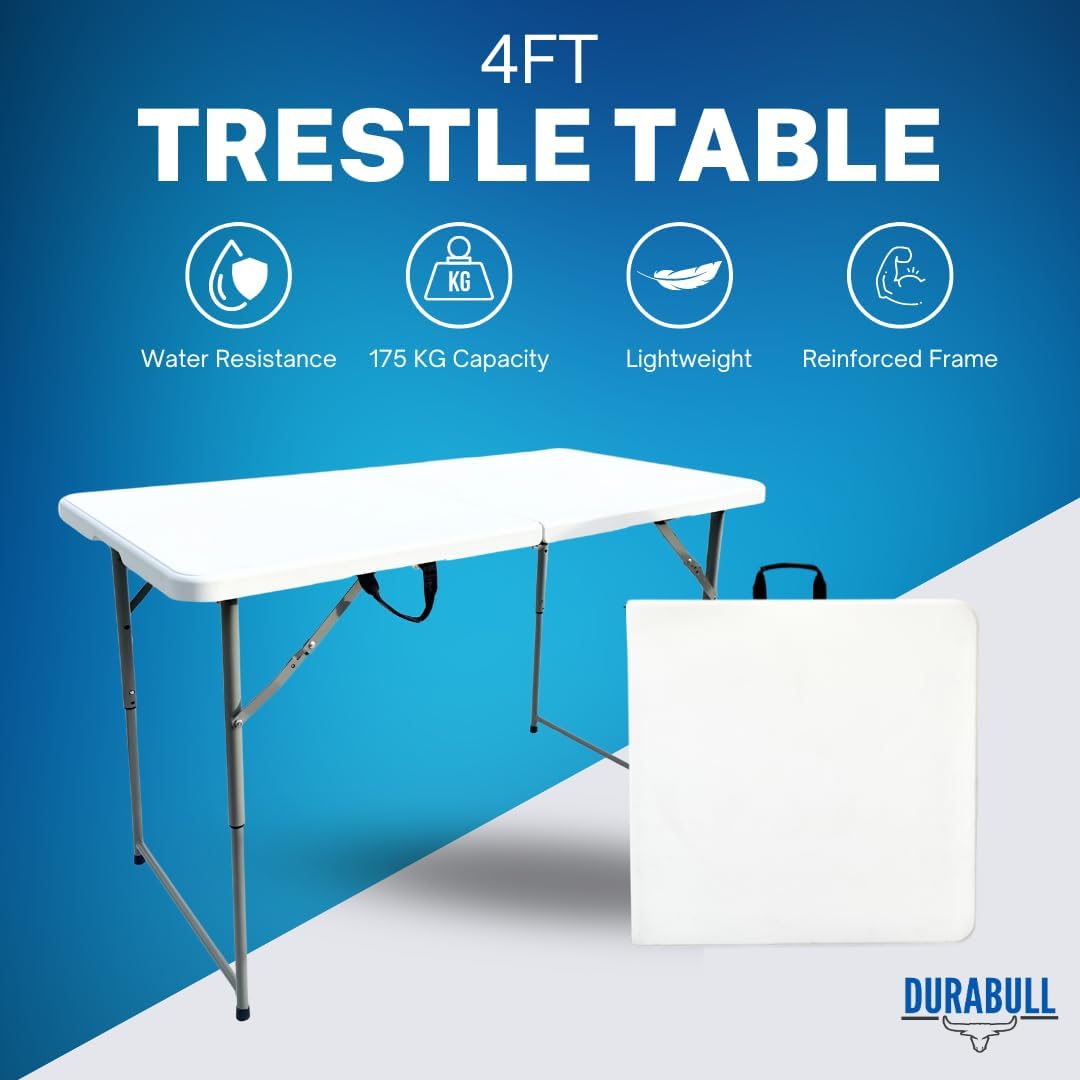 Durabull 4ft 120cm Plastic Fold In Half Trestle Table - Indoor & Outdoor Solution. All Occasions, Easy Setup & Compact. 175kg Strong Capacity. Camping, Garden, Meeting, Crafting, Car Boot, Dining.
