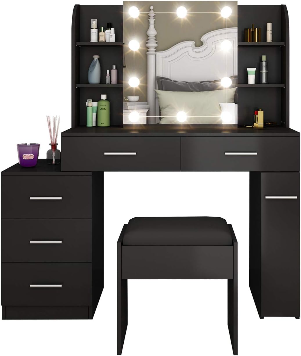Dressing Table Set Makeup Table Set with LED Lights, Mirror, 5 Drawers Vanity Makeup Table Set with Cushioned Stool Vanity Table for Girls Bedroom (Black)