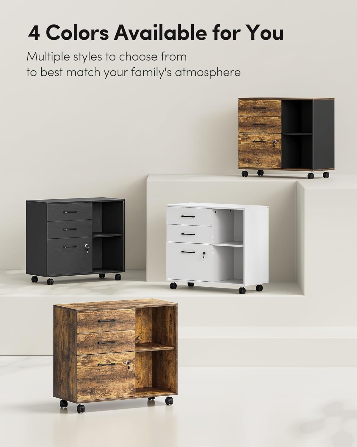 FurniFlex 3-Drawer Mobile File Cabinet with Lock, White