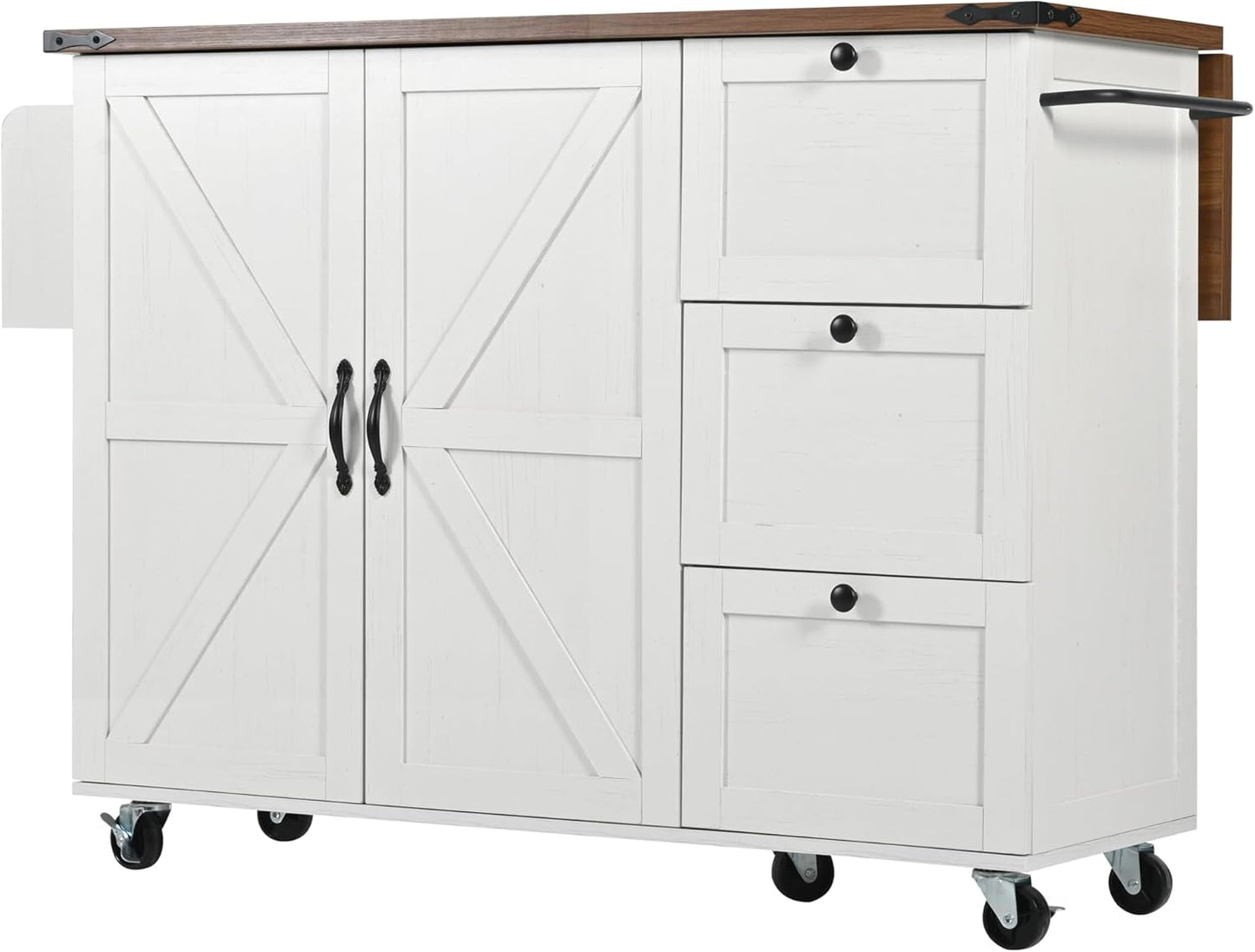 KUAKE Kitchen Island, Serving Trolley with Extendable Worktop, Kitchen Cabinet, Kitchen Trolley, Dining Trolley with Wood Grain, Dining Trolley with Two Doors and Three Drawers (White-2)