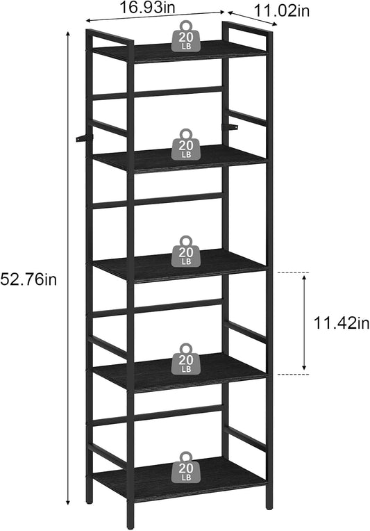 52.76in(H) Tall Bookshelf 5 Tier Bookcase Shelf Storage Organizer Industrial Freestanding Book Shelves Units Large Storage Tired Shelf for Small Space, Living Room, Kitchen, Bedroom, Modern Black