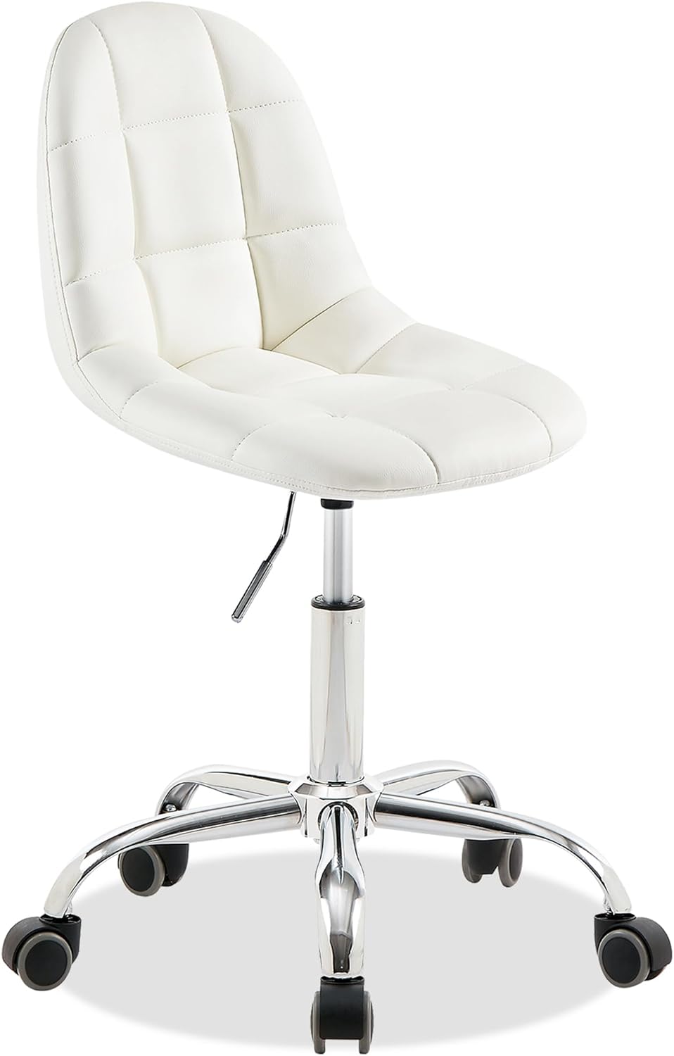 VECELO Armless Home Office Desk Chair, Height Adjustable, PU Leather 360 Degree Swivel with Wheels, Stylish Casual Vanity Seat for Study, Work, Makeup, Leisure, Weight up to 330 Lbs, White