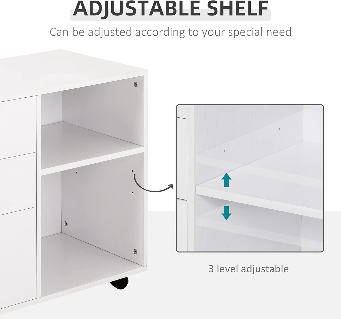 HOMCOM Freestanding Printer Stand Unit Office Desk Side Mobile Storage w/Wheels 3 Drawers, 2 Open Shelves Modern Style 80L x 40W x 65H cm - White