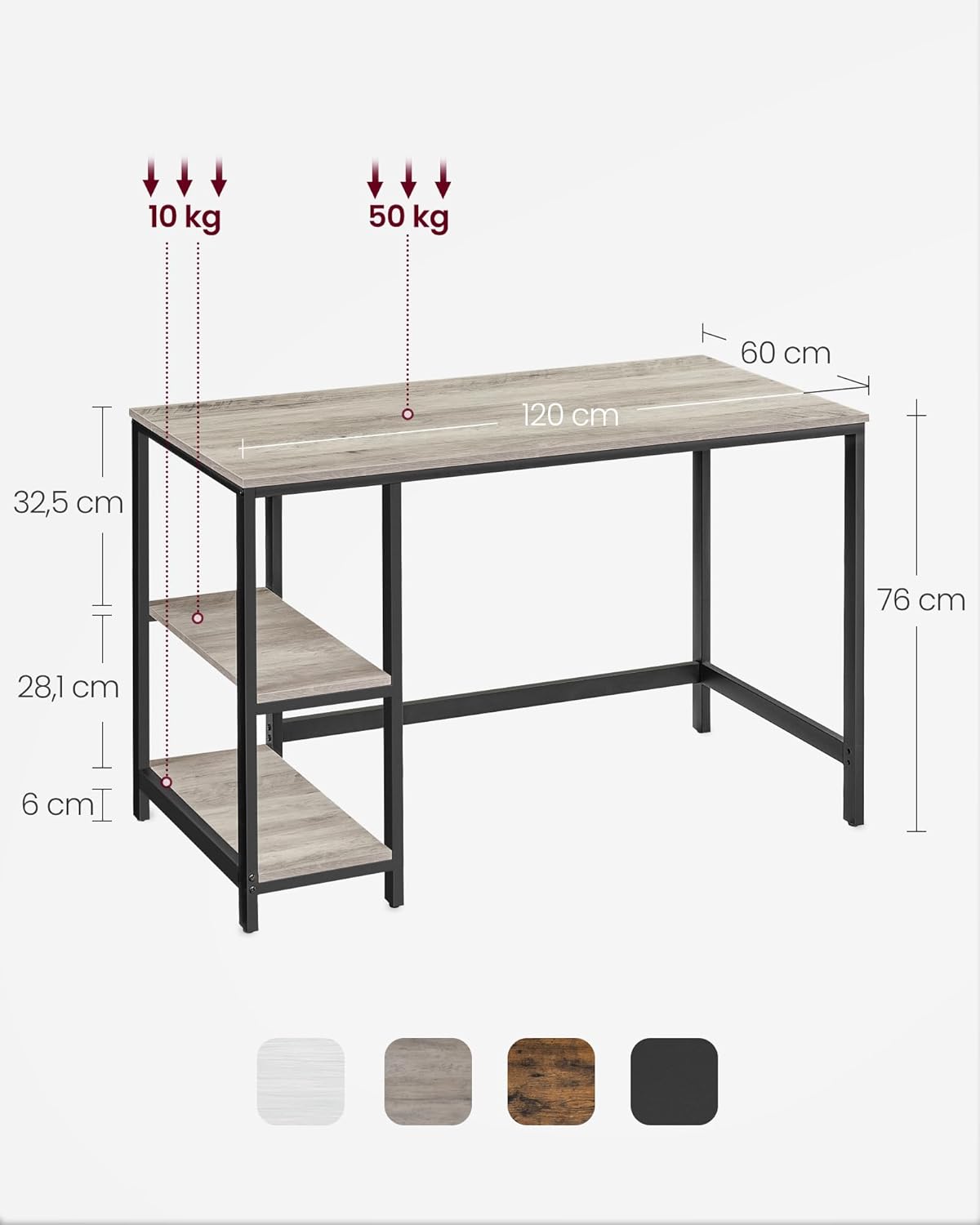 VASAGLE LWD47MB Computer Desk with 2 Shelves on Right or Left Side Office Living Room Steel Frame Industrial Design Black