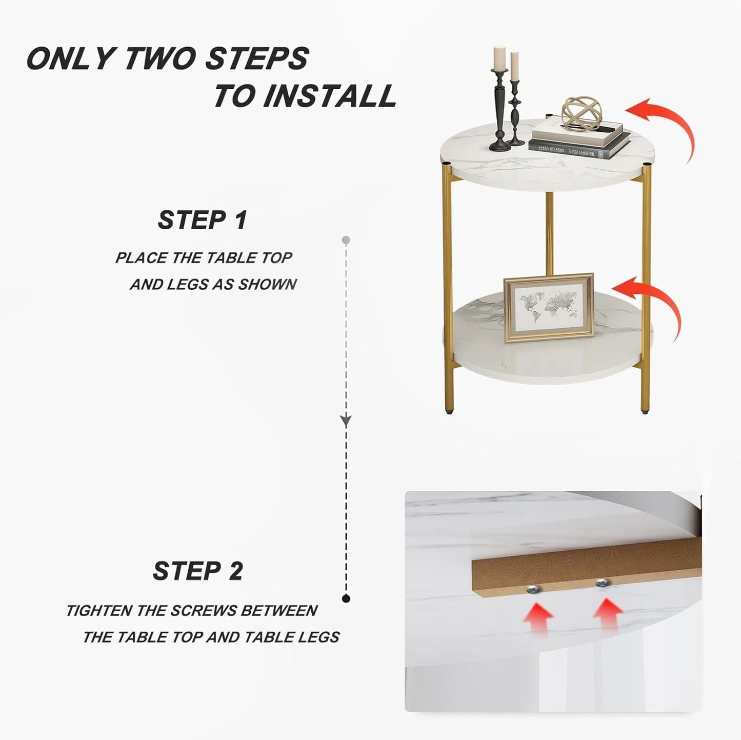Homes Element Multi-Purpose Modern Versatile Marble Texture 2 Tier Round Shape Coffee Table Nesting Table End Table Bedside Table Nightstand for Living Room Bedroom Reception Office-40x40x43cm(White)