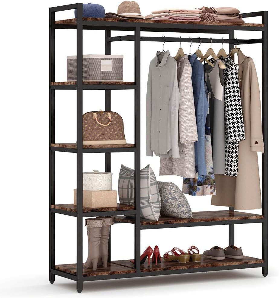 LITTLE TREE Free Standing Wood Closet Clothes Rack, Heavy Duty Garment Rack With Shelves, Hanging Racks for Clothing, Bedroom Wardrobe Closet Organizer, 350 lb Capacity, Rustic