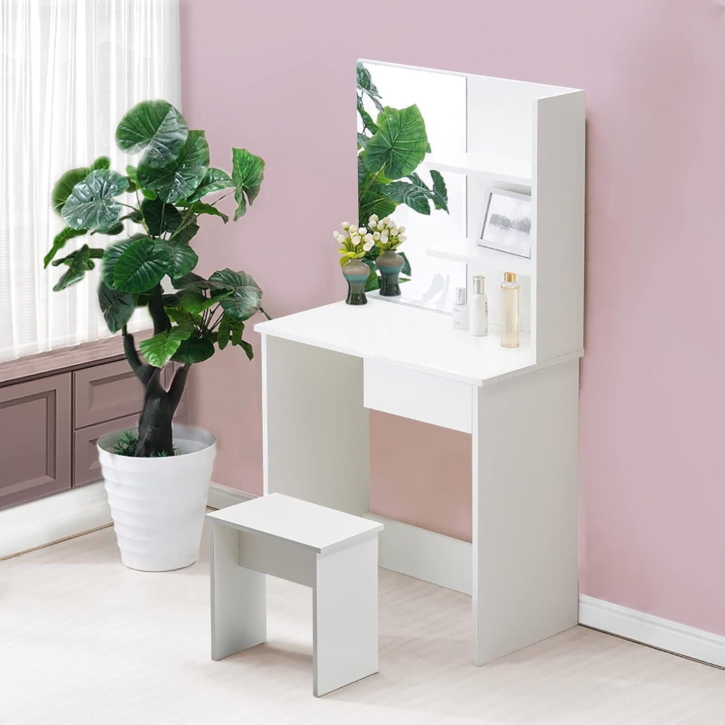 OFCASA Dressing Table with Mirror and Stool, Drawer, 2 Shelves (White, 75 x 40 x 137cm, Small)