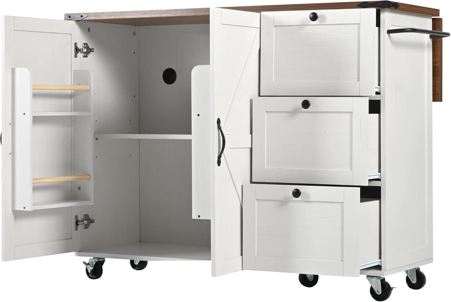 KUAKE Kitchen Island, Serving Trolley with Extendable Worktop, Kitchen Cabinet, Kitchen Trolley, Dining Trolley with Wood Grain, Dining Trolley with Two Doors and Three Drawers (White-2)