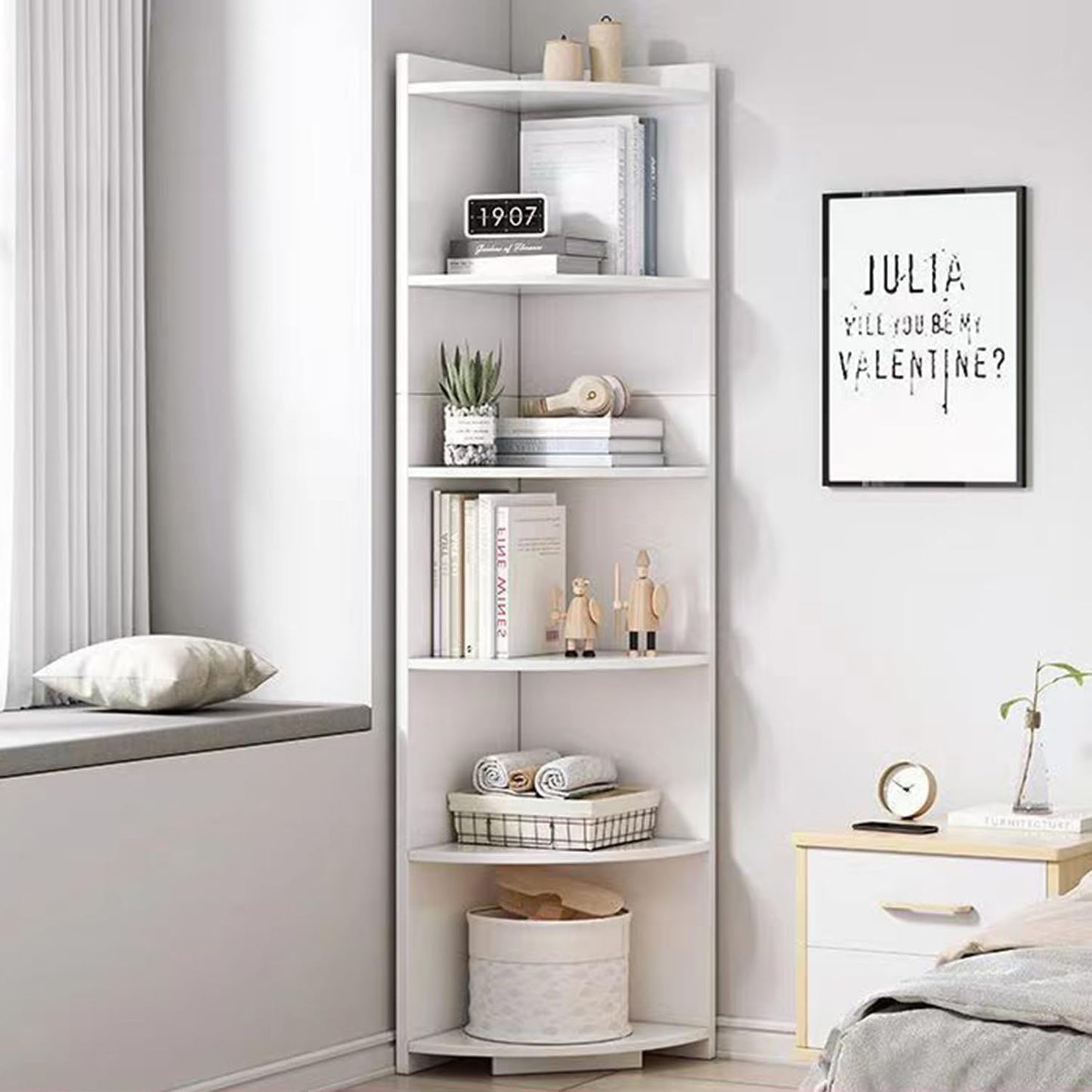 Ruication Bookcase Wooden 6 Tier Bookshelf Storage Corner Shelf Organizer Units Modern Free Standing Cabinets Racks Open Shelves for Living Room Bedroom Study Home Office White 30x30x180cm