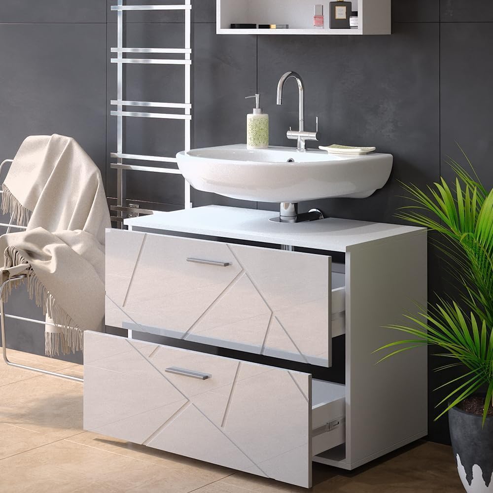 FurniFlex FF844 High Gloss Irma Vanity Unit Bathroom Cabinet, 80 cm Size