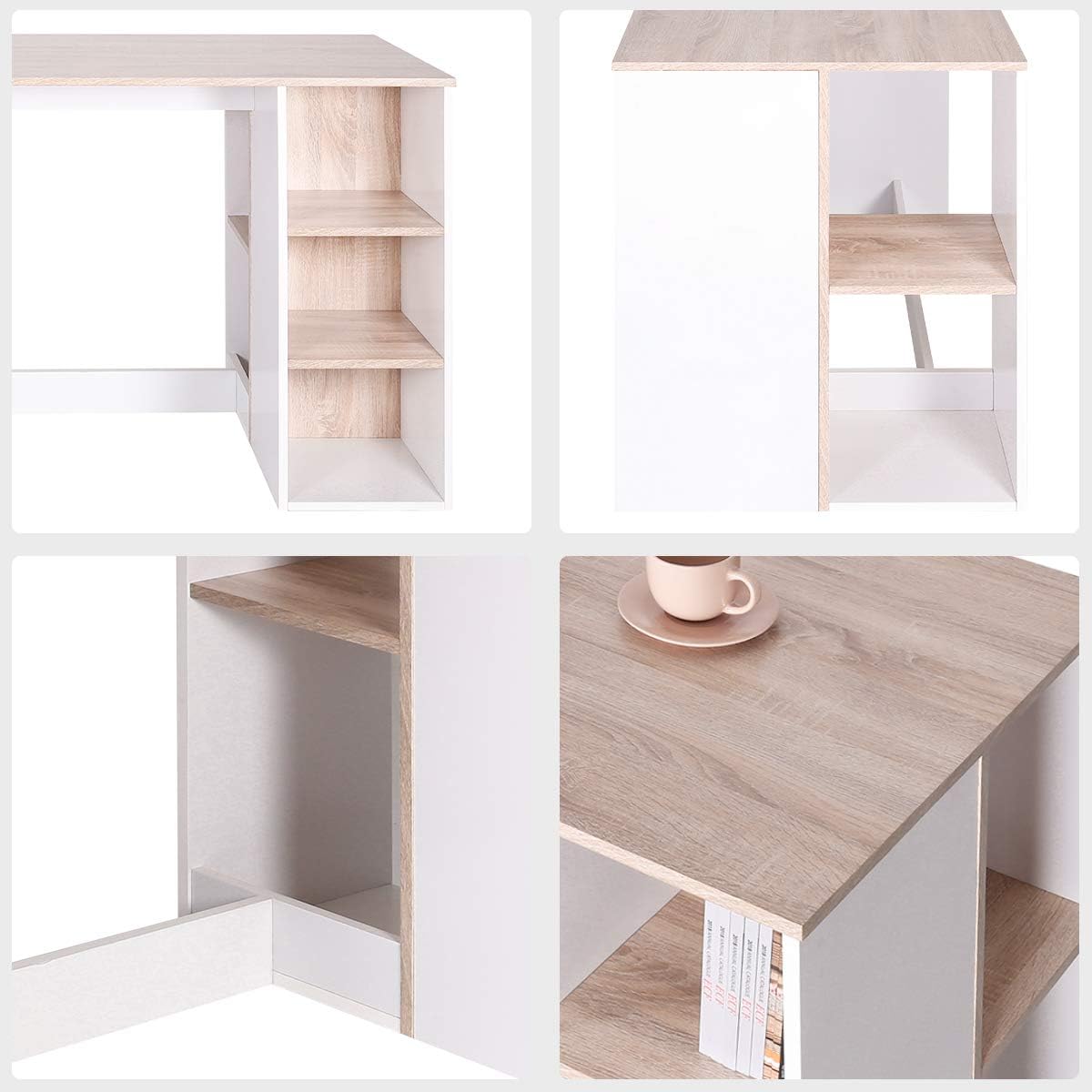 Writing Computer Desk with Storage, Large Study Desk with 5 Shelves Home Office Table Wood Computer Workstation with Integrated Bookcase,Beech & White,Multicolor