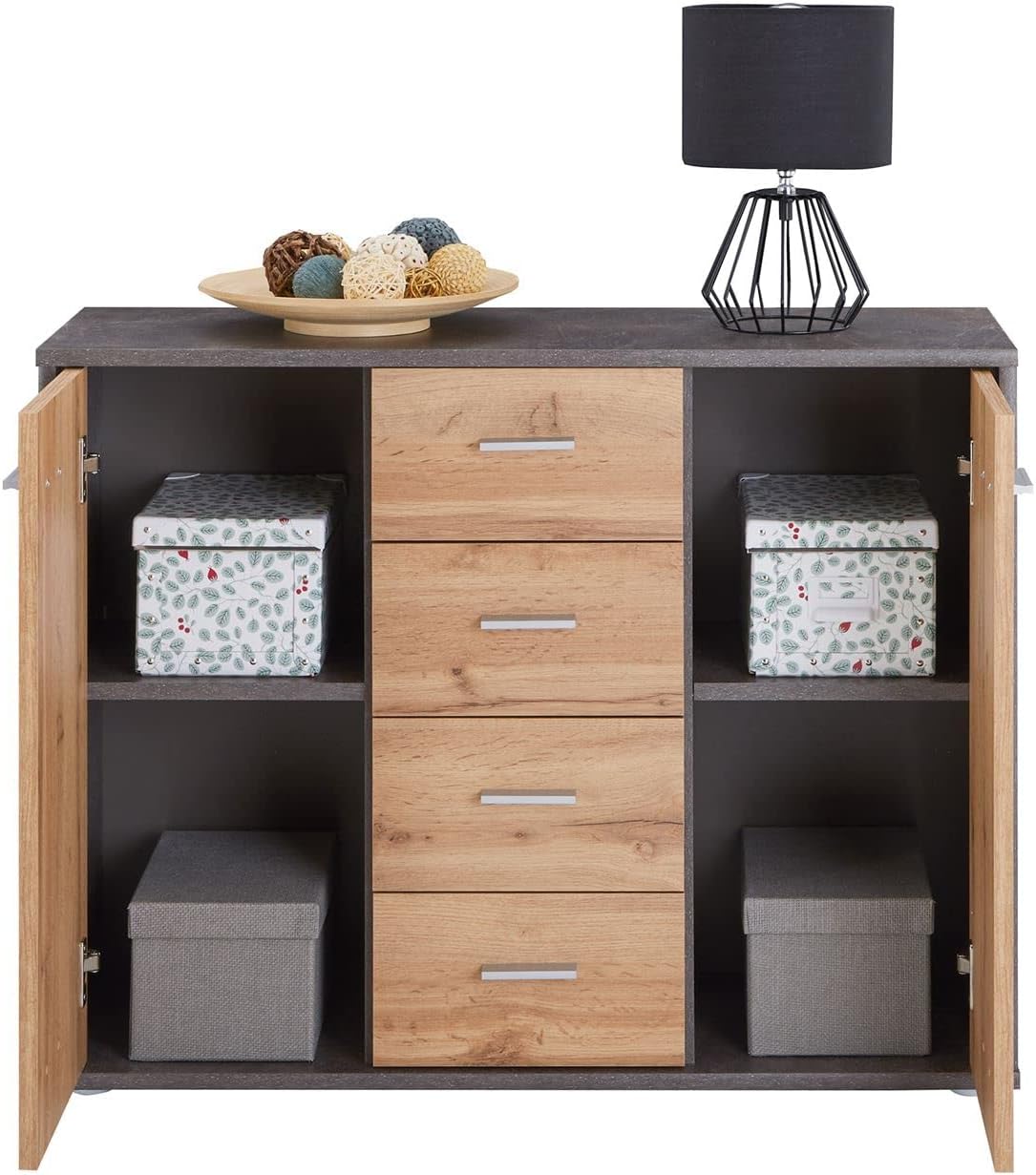 CARO-Möbel Jamie Sideboard with 2 Doors and 4 Drawers, Modern Chest of Drawers Office Furniture in Concrete Dark / Wotan Oak