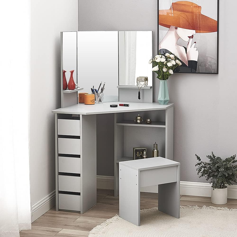 Panana Dressing Table MDF Corner Makeup Table with 3 Mirrors, 5 Drawers, 1 Compatiment and Bedroom Stool, 109 cm (L) x 55 cm (W) x 140 cm (H) (Grey)