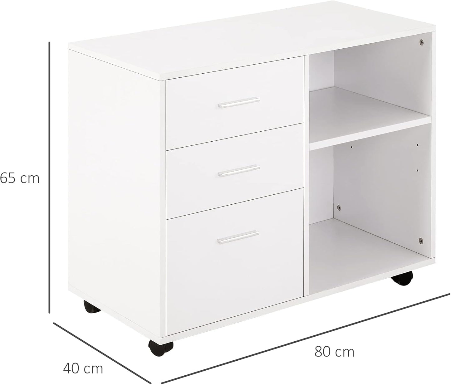 HOMCOM Freestanding Printer Stand Unit Office Desk Side Mobile Storage w/Wheels 3 Drawers, 2 Open Shelves Modern Style 80L x 40W x 65H cm - White