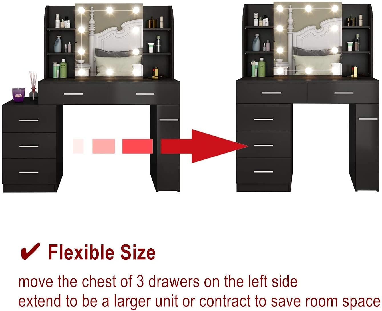 Dressing Table Set Makeup Table Set with LED Lights, Mirror, 5 Drawers Vanity Makeup Table Set with Cushioned Stool Vanity Table for Girls Bedroom (Black)
