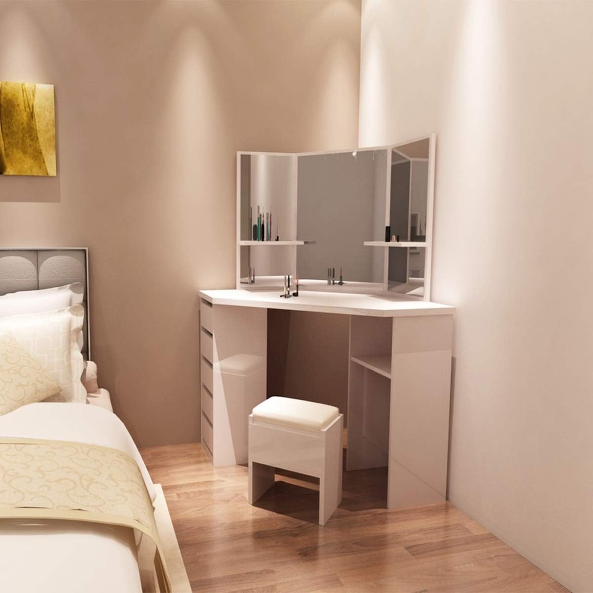 Panana Corner Dressing Table Makeup Desk Bedroom Dresser Table Furniture With Mirror Makeup Stool Set (White)