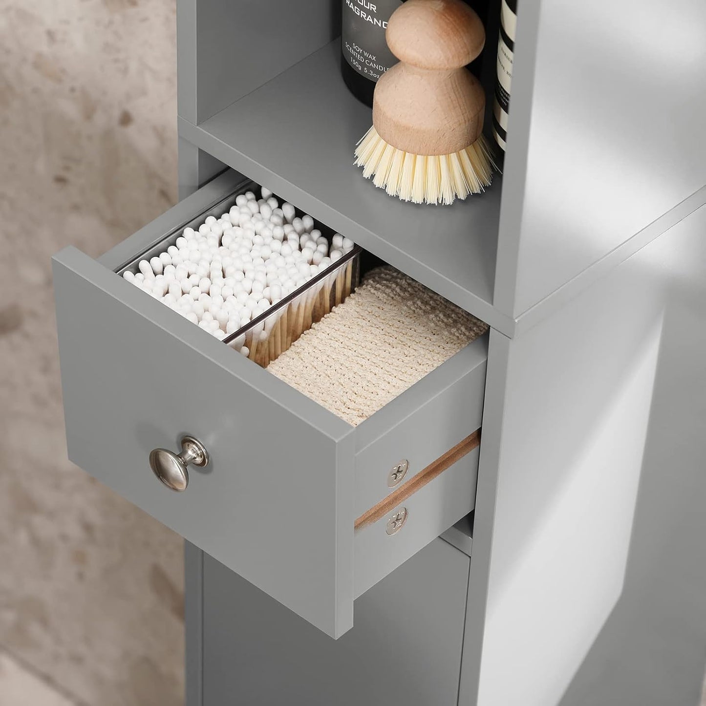 SoBuy BZR34-HG Bathroom Tall Cabinet with 5 Compartments with 1 Drawer and Doors Light Grey W x H x D x H x D x H x D x D: Approx. 20 x 180 x 20 cm