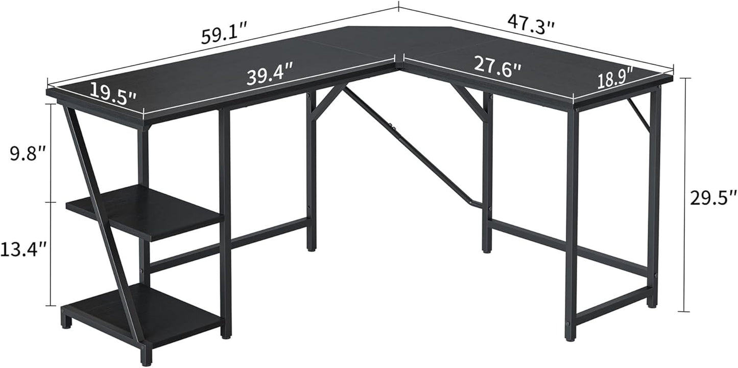 CubiCubi L Shaped Computer Desk, 59.1 inch Gaming Desk, Home Office Desk with Storage Shelves Black and Metal Corner Desk for Home Office, Black…