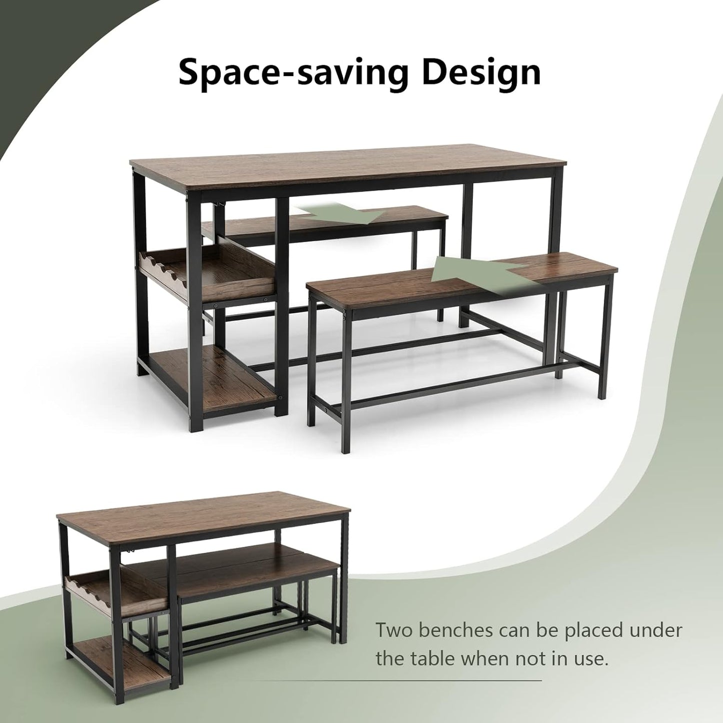 TANGZON Dining Table and 2 Bench Set, 3 Pieces Kitchen Dining Table Set with Wine Rack, Glass Holder & Storage Shelf, Space-Saving Breakfast Dining Furniture for Home Living Room Restaurant (Wooden)