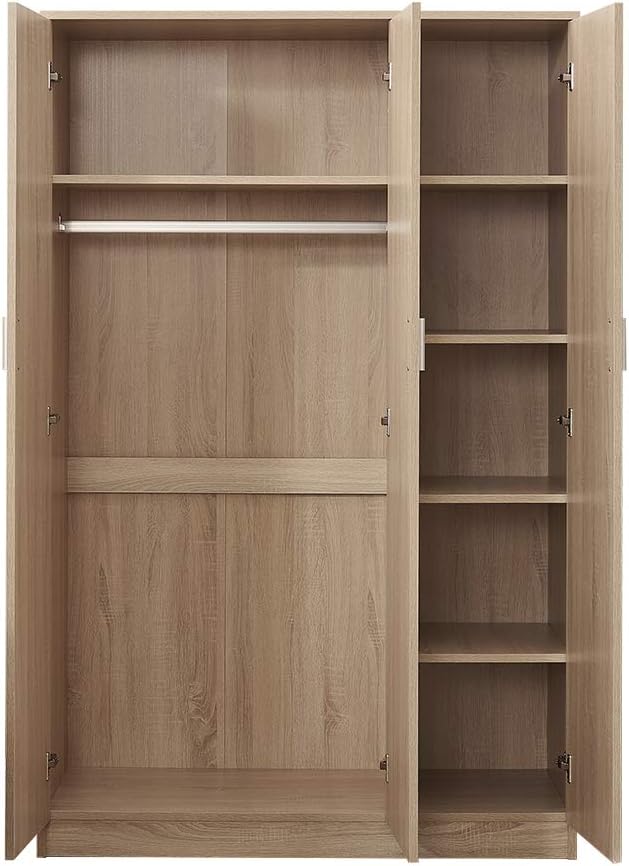 Modern Matt Oak 3 door triple wardrobe with shelves & rail.Slow-close hinges