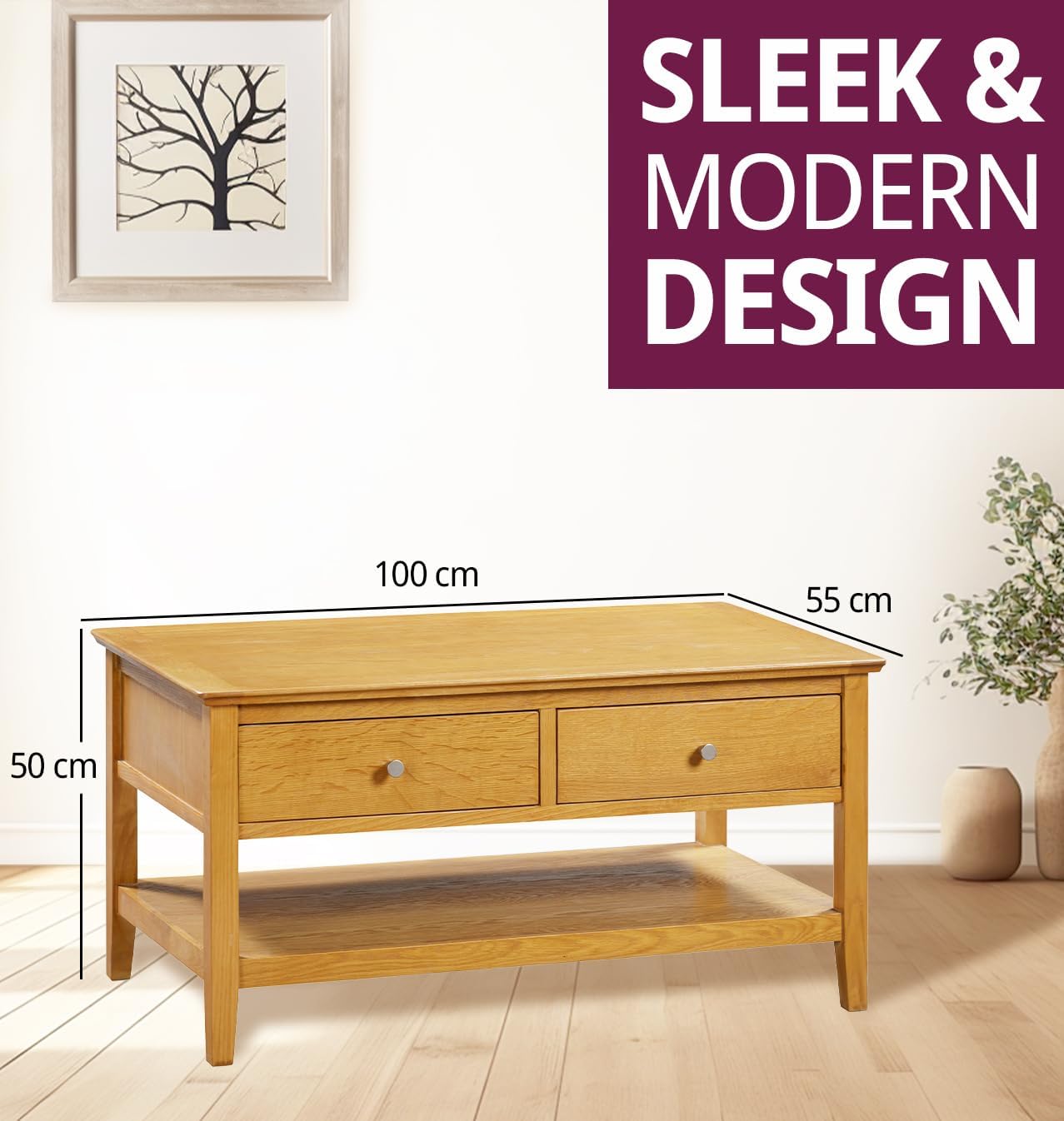 Hallowood Furniture Hereford Oak Large Coffee Table with Drawers & Shelf - Solid Wooden Side Table in Rectangular Shape for Living Room – Coffee Table with Storage in Light Oak Finish