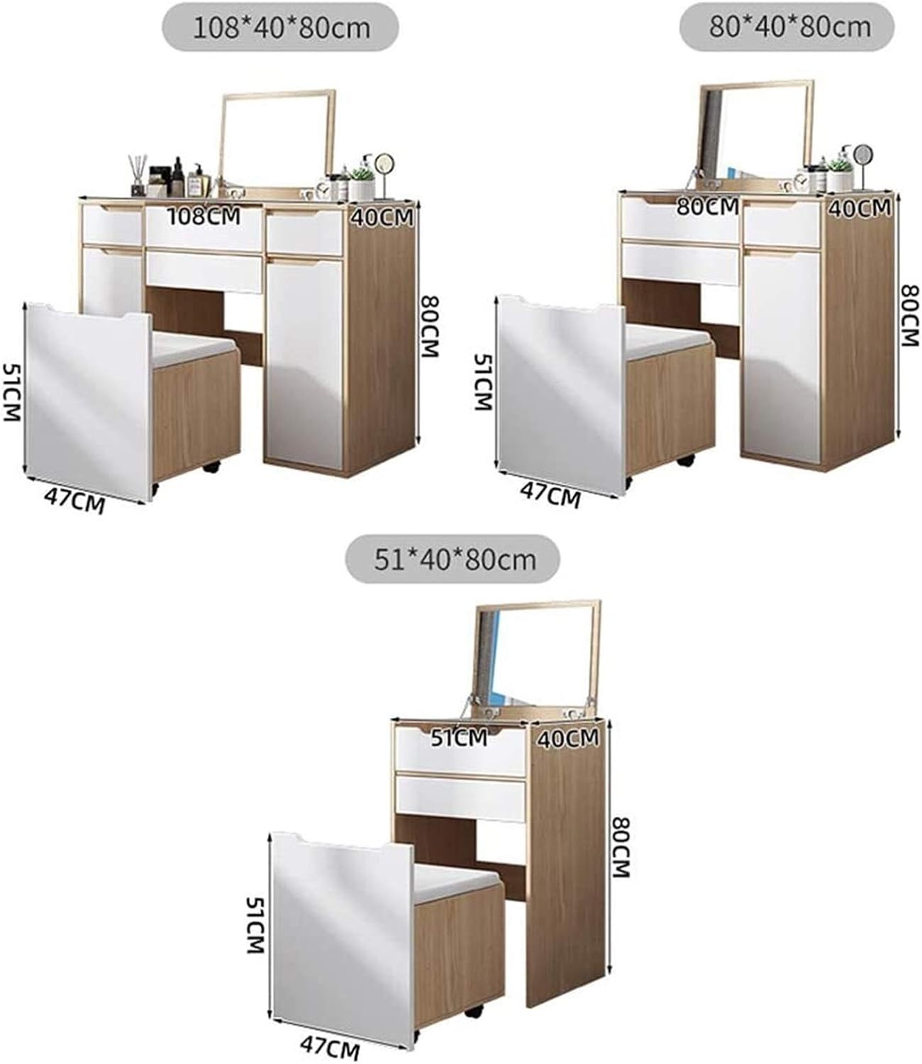 YYUUII Girls Vanity Set Dressing Table 2-in-1 Modern Makeup Vanity Desk for Bedroom, Cushioned Stool, Vanity Table with Drawers Dresser Desk for Woman (Color : Natural, Size : 80x40x80cm)