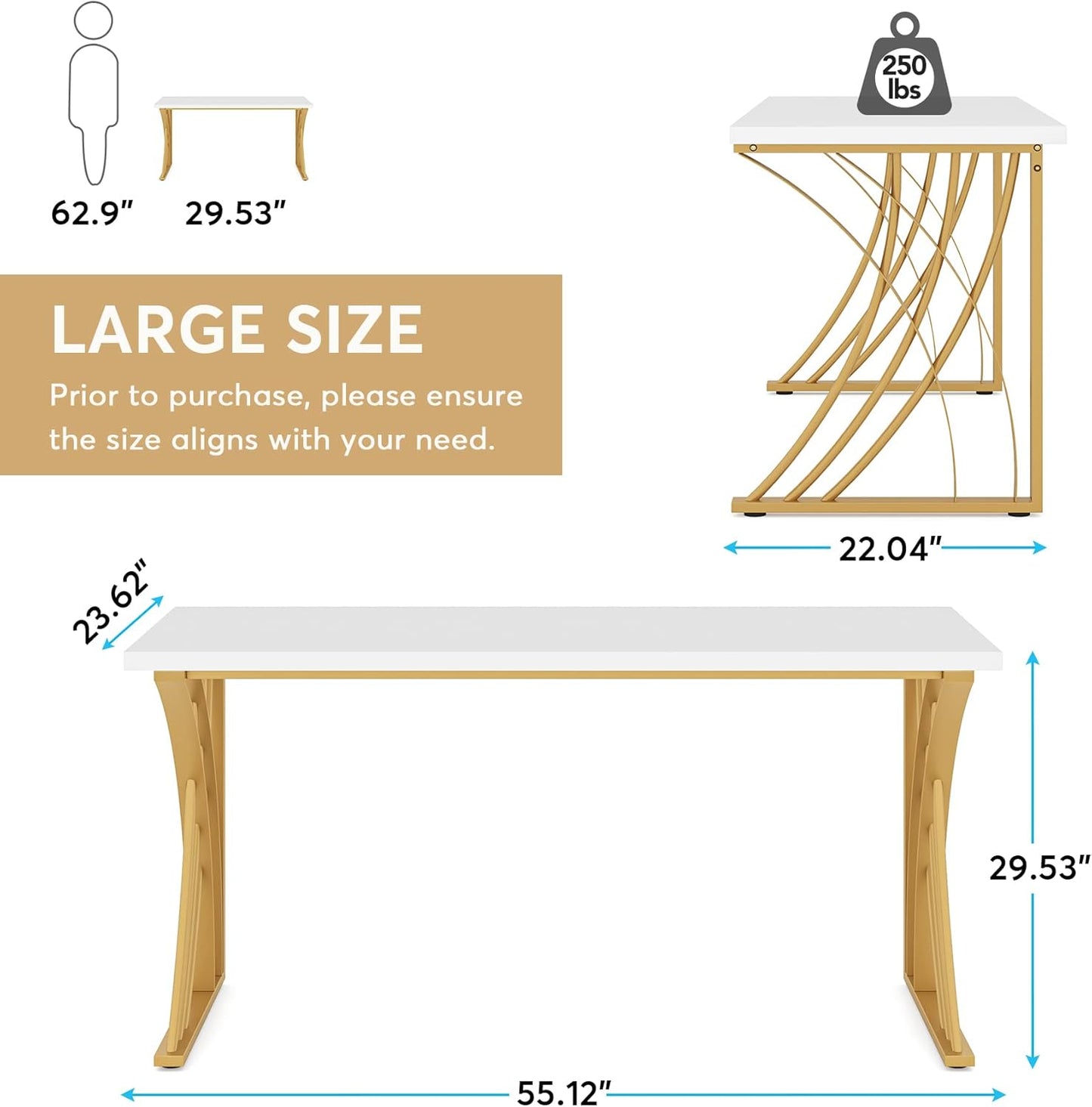Tribesigns 55’’ Large Modern Computer Desk, White & Gold Luxury Laptop PC Student Table, Makeup Vanity Table with Thick Frame & Strong Legs, Sturdy Writing Workstation for Home & Office