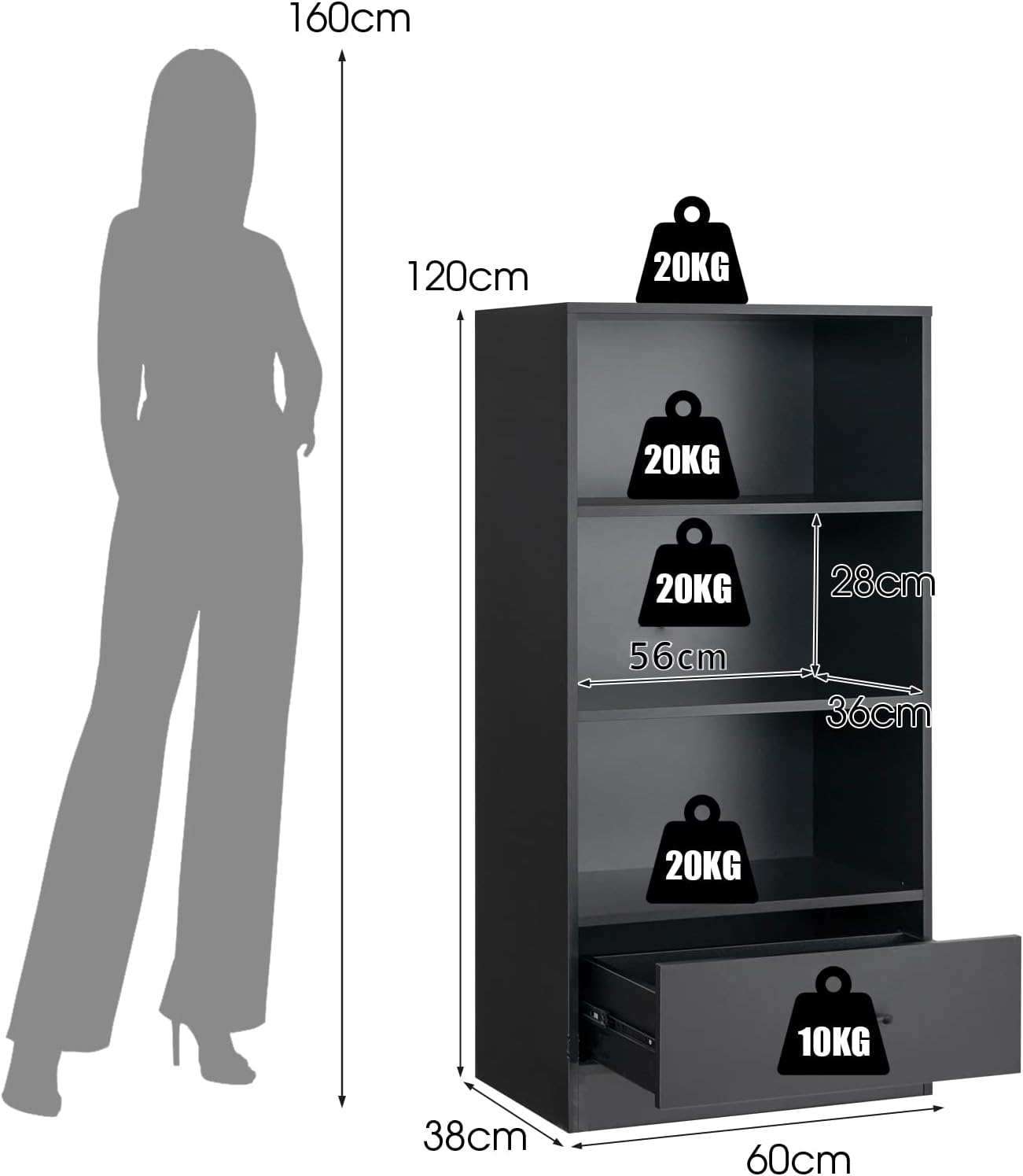 COSTWAY Wooden Bookcase, Freestanding Storage Bookshelf Cabinet with 3-Tier Open Shelves & Drawer, Display Rack Shelving Unit Cupboard for Living Room, Bedroom, Hallway and Office (Black)