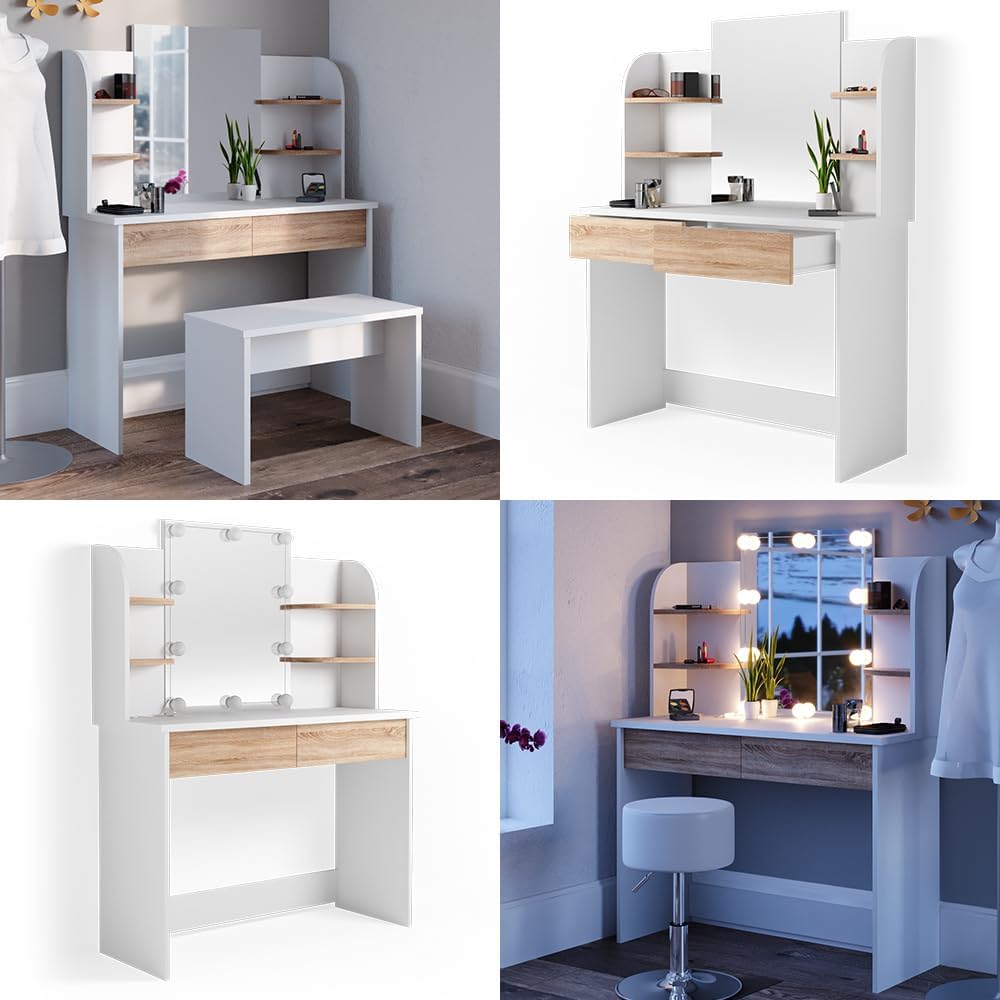 Vicco Charlotte Make-Up Table Dressing Table Mirror 142 x 108 cm Sonoma White