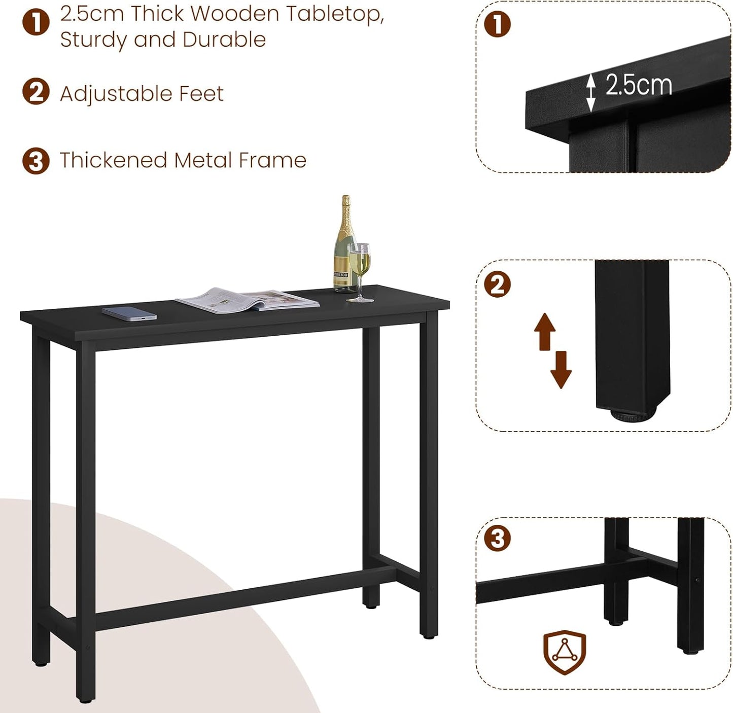 WOLTU Kitchen Bar Table Counter Breakfast Dining Table Black Coffee Table Metal Legs with Footrest for Kitchen Dining Room Conservatory Patio